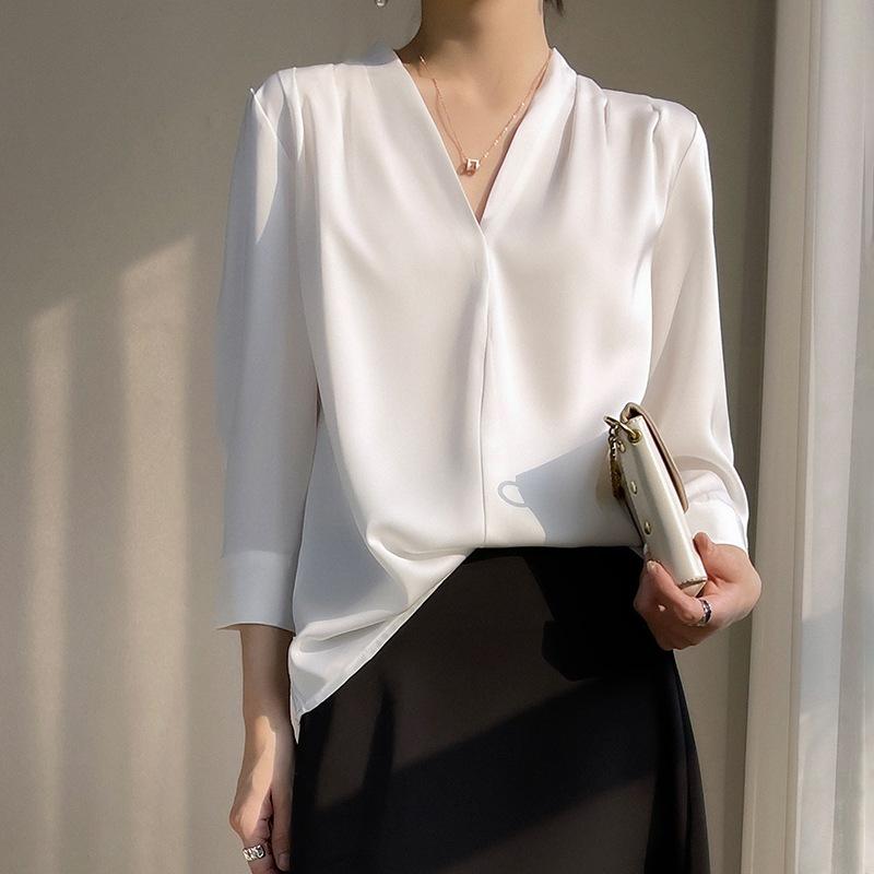 

Женская блузка из высококачественного французского шелкового сатина с V-образным вырезом и рукавами семь восьмых, летняя коллекция XL белый
