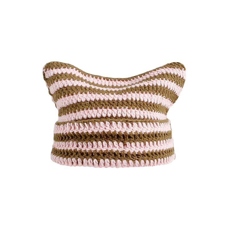 Chic Striped Knit Wool Hat Women s Cat Ear Pointed Beanie Pink Coffee