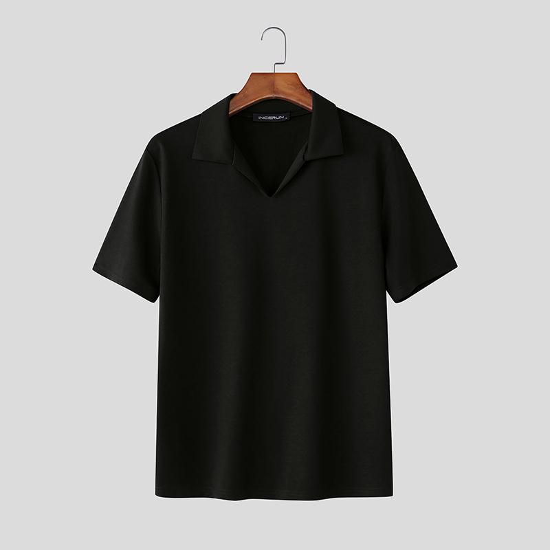 INCERUN Men Lapel Neck Short Sleeve Solid Color Casual Fitted T-shirts Tops