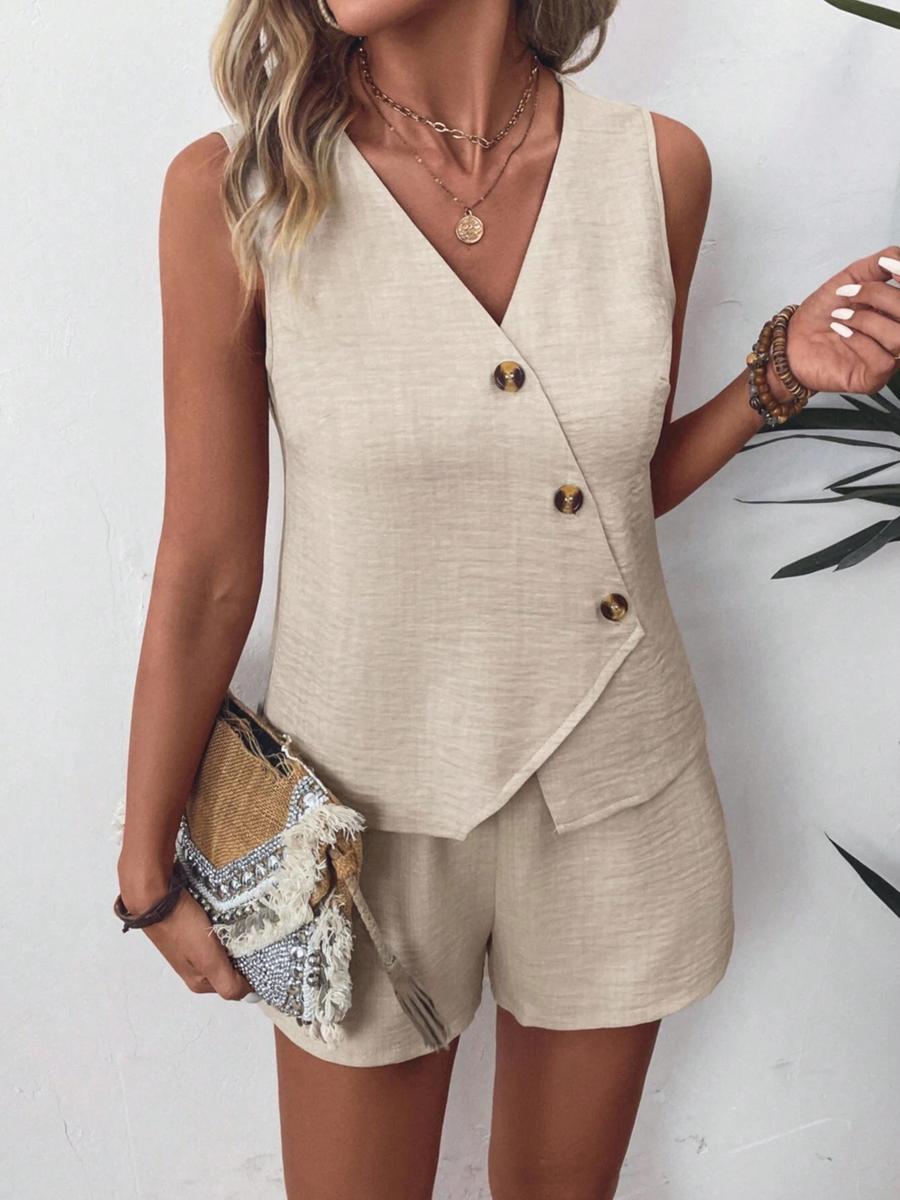 Oversized Summer Set Women s Fashion Casual V-Neck Asymmetrical Back Short Set S абрикосовый
