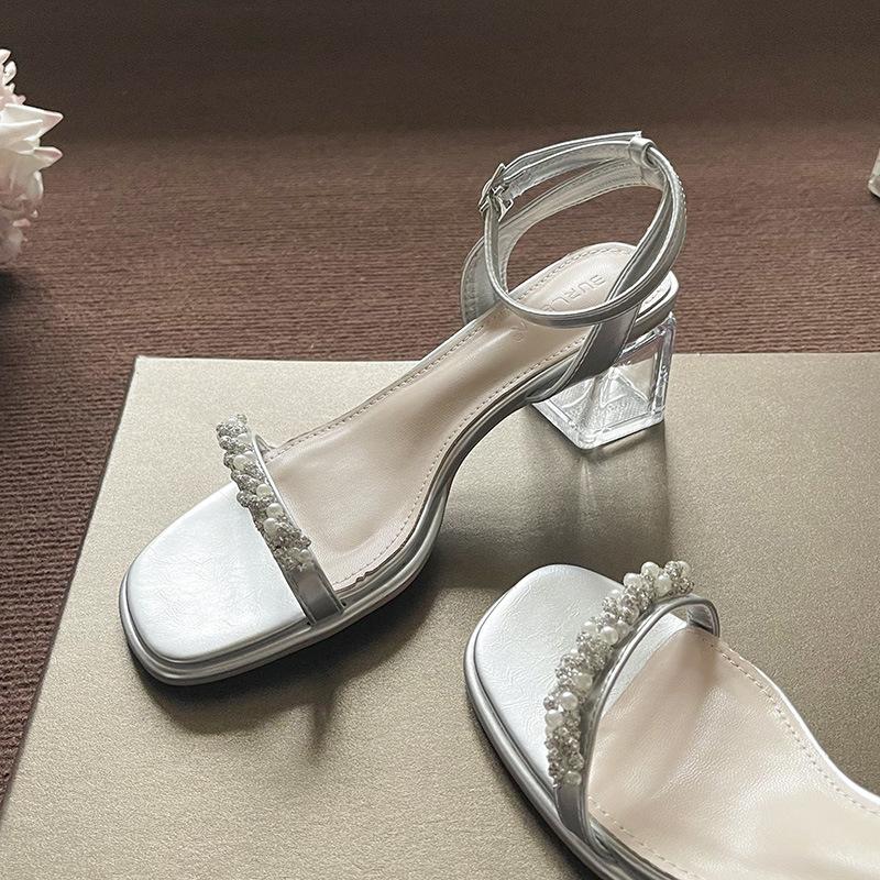 Thick Heel Sandals Female Summer New Fairy Wind Transparent Crystal Diamond Strip High Heel Word with Open Toe Sandals Female