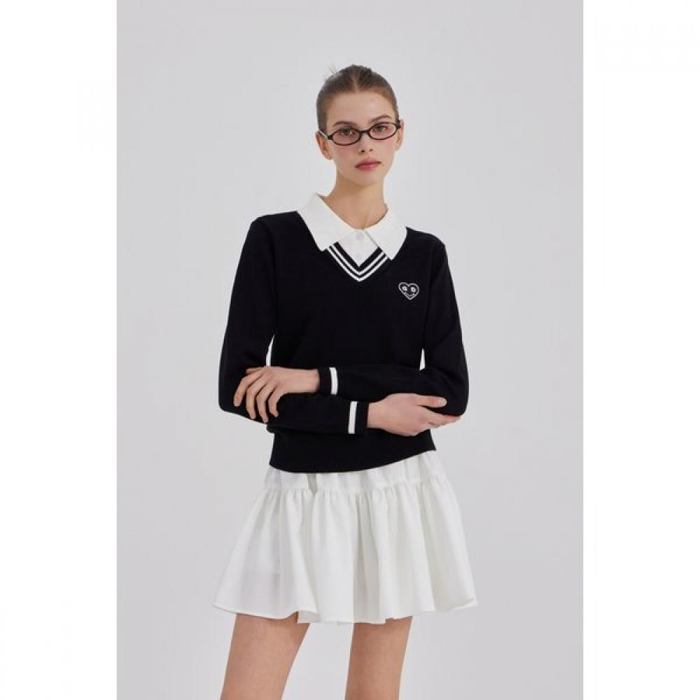 GOXO Black Knit V Neck Color Smile Heart