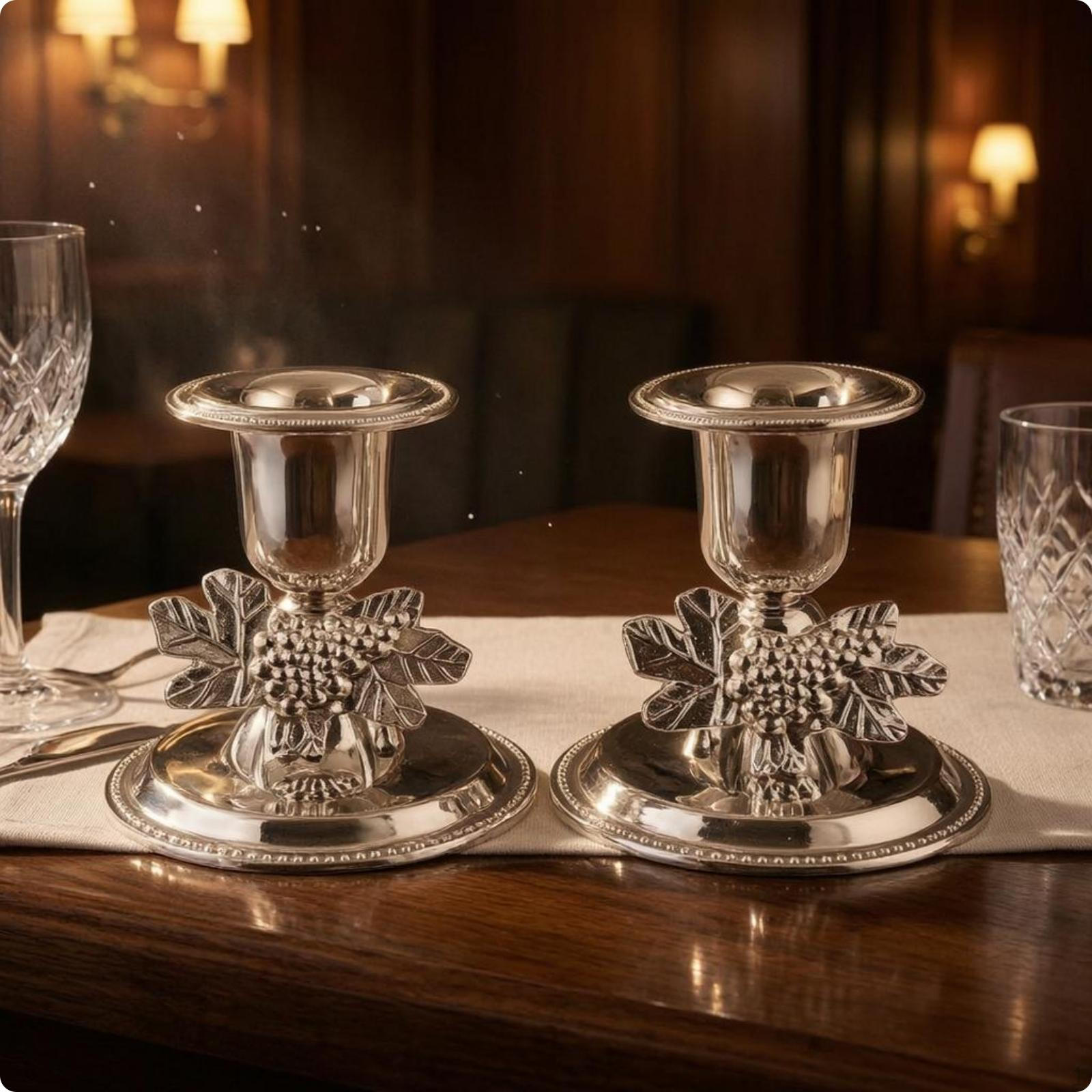 Metal Candle Holder Leaf Relief Ornate Polished Finish Candlestick Silver