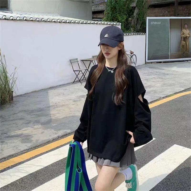 Women Clothing Hole Hollow Out Loose Trend T-Shirts Spring Autumn New Long Sleeve O-neck Plus Size Casual Tops Fashion Vintage