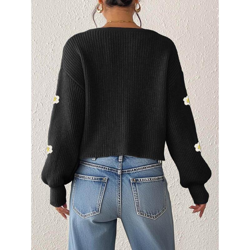 Women Loose Long Sleeve V Neck Cropped Hand Crochet Flower Patchwork Cardigan Sweater