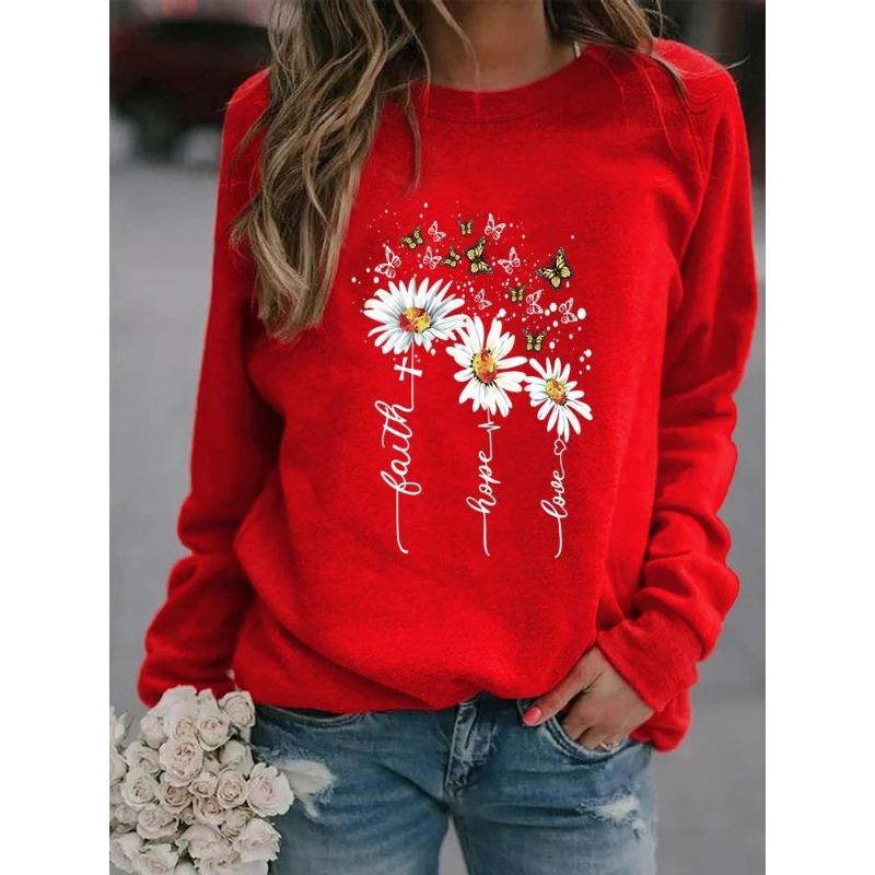 Vinter Dame Daisy Printed Topper T-skjorte Dame Rundhals Langermet Casual Sweatshirt Plus Size Bluse