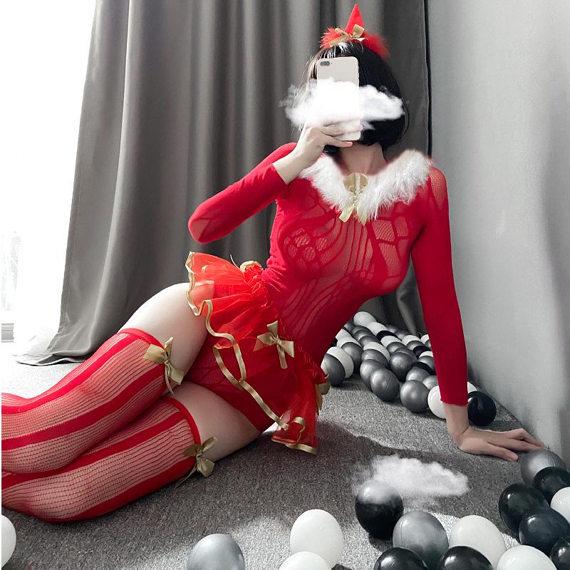 Christmas Princess Lingerie: Sexy Mesh Cutout Role Play Set with Stockings