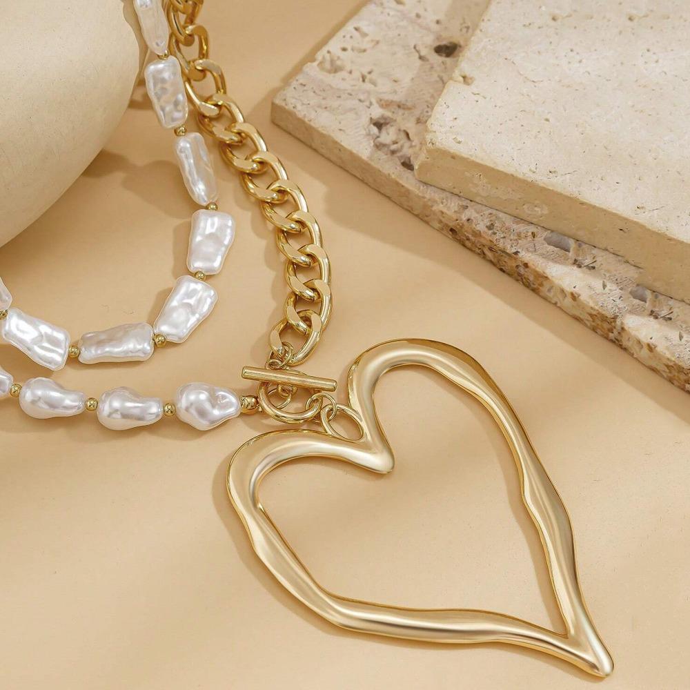 Women's Fashion Big Heart Pendant Necklace Exaggerated Unique Baroque Pearl Chain Love Heart Pendant Double-layer Necklaces