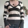 Women's V Neck Long Sleeve Horizontal Stripe Slim Fit Flared Cuff Knit Sweater Top