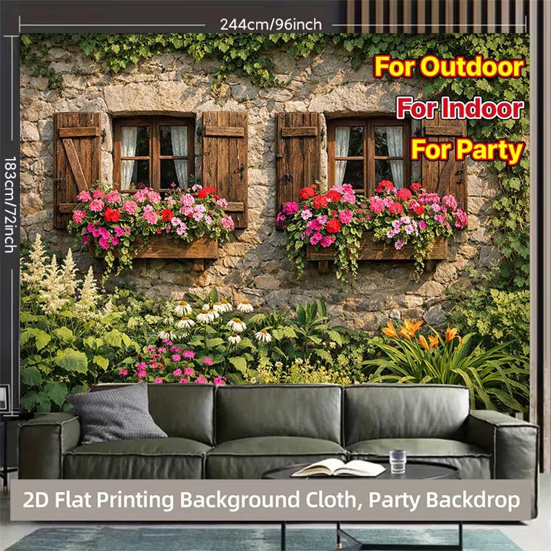 2D Vintage Ivy Wall Backdrop, Countryside Window with Flowers Party Background