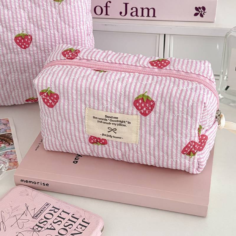 Cosmetic Bag With Strawberry Stripes And Quilted Polyester For Daily Use