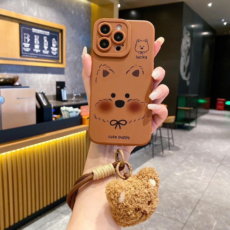 Cute Brown Puppy for Samsung A55 Mobile Phone Case Cartoon Animal S24ultra Autumn and Winter Plush Bracelet for Women
