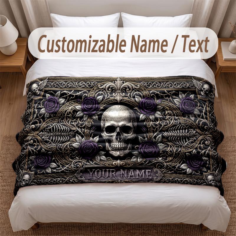 Skull Gothic Theme Soft Blanket Personalized Custom Name Text Print Warm Blanket Home Sofa Bedroom Decor
