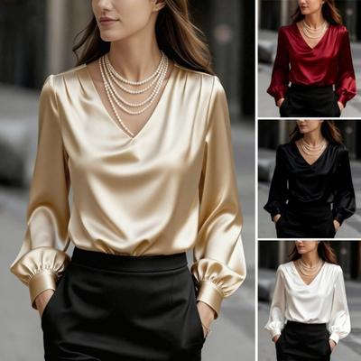 Women Shirt Long Sleeve V Neck Puff Sleeve Satin Texture Pullover Tops Solid Color Loose Fit