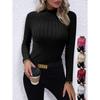 Solid Color Faux Neck Ribbed T-Shirt, Elegant Long Sleeve Slim Fit Hundred Tops for Women