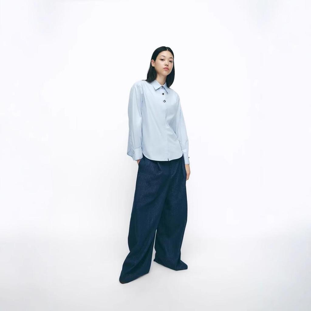 Spring/Summer 2025 European & American Gold Button Turn-Down Collar Long Sleeve Loose Shirt