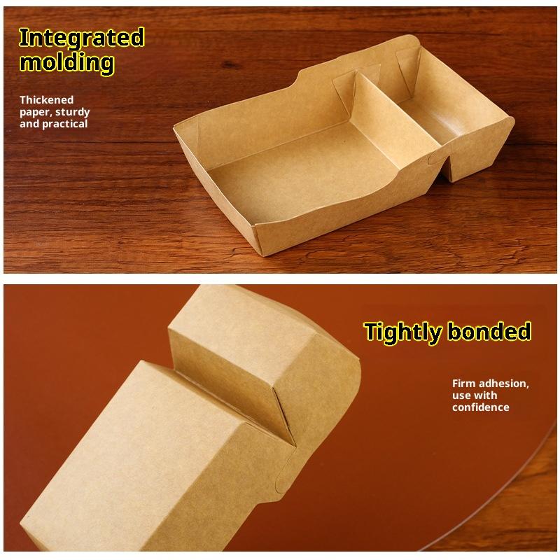 50Pcs Disposable Kraft Paper Food Serving Tray Two Grids Snack French Fries Chicken Salad Carton Take Out Containers For Party