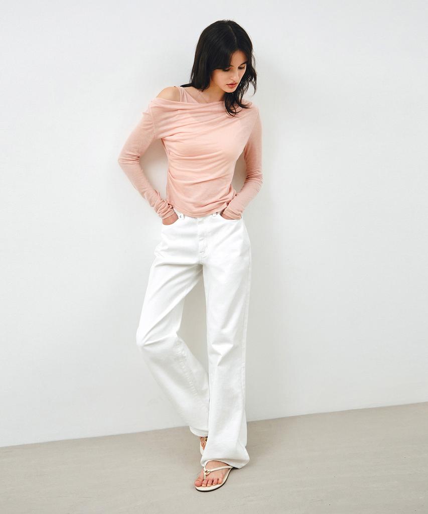 MONGDOL [Set] One-Shoulder Draping Layered T-Shirt Peach Pink Mdts088Peachpink