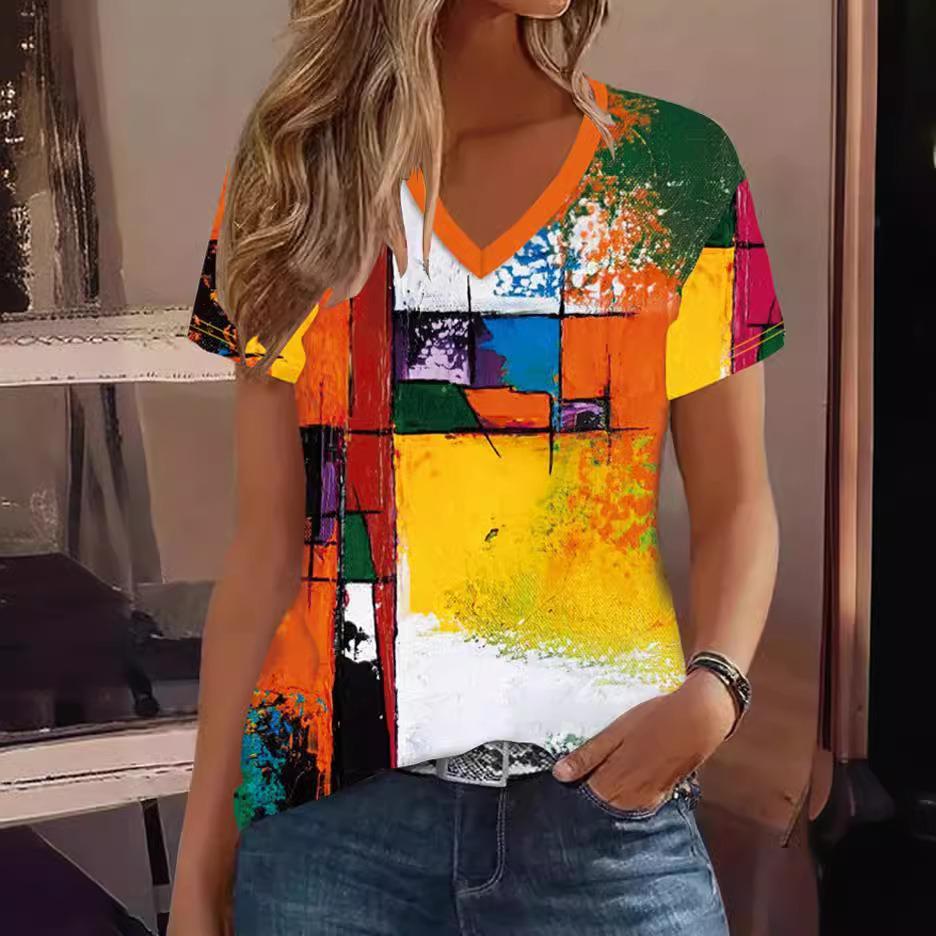 

Summer V-neck Color Blocking 3D Printed Top Fashionable Casual Colorful Short Sleeved Women s T-shirts S