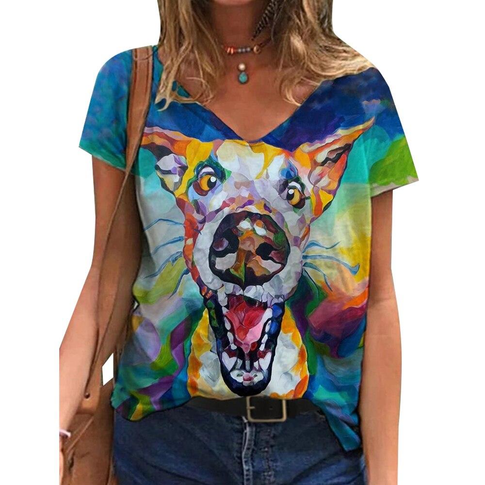 

Fashion Spring Small Animals Print Blouses Short Sleeved V-Neck T Shirts Casual 8XL синий