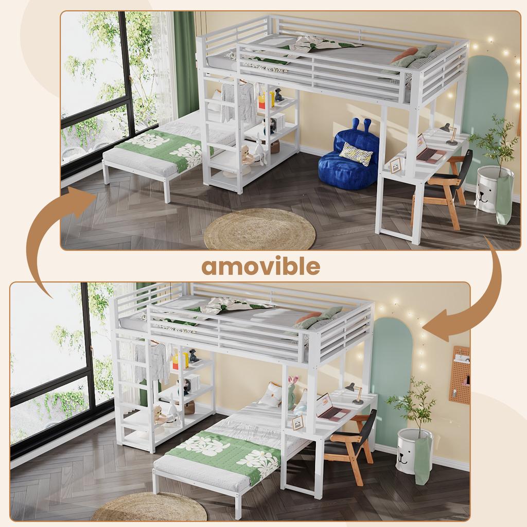 Two Sleeping Places, Loft Bed, Iron Frame, 90 x 200 cm, Desk, Socket USB and Type-C Port, Shelves, Clothes, EN747 Certified, Without Mattress, White