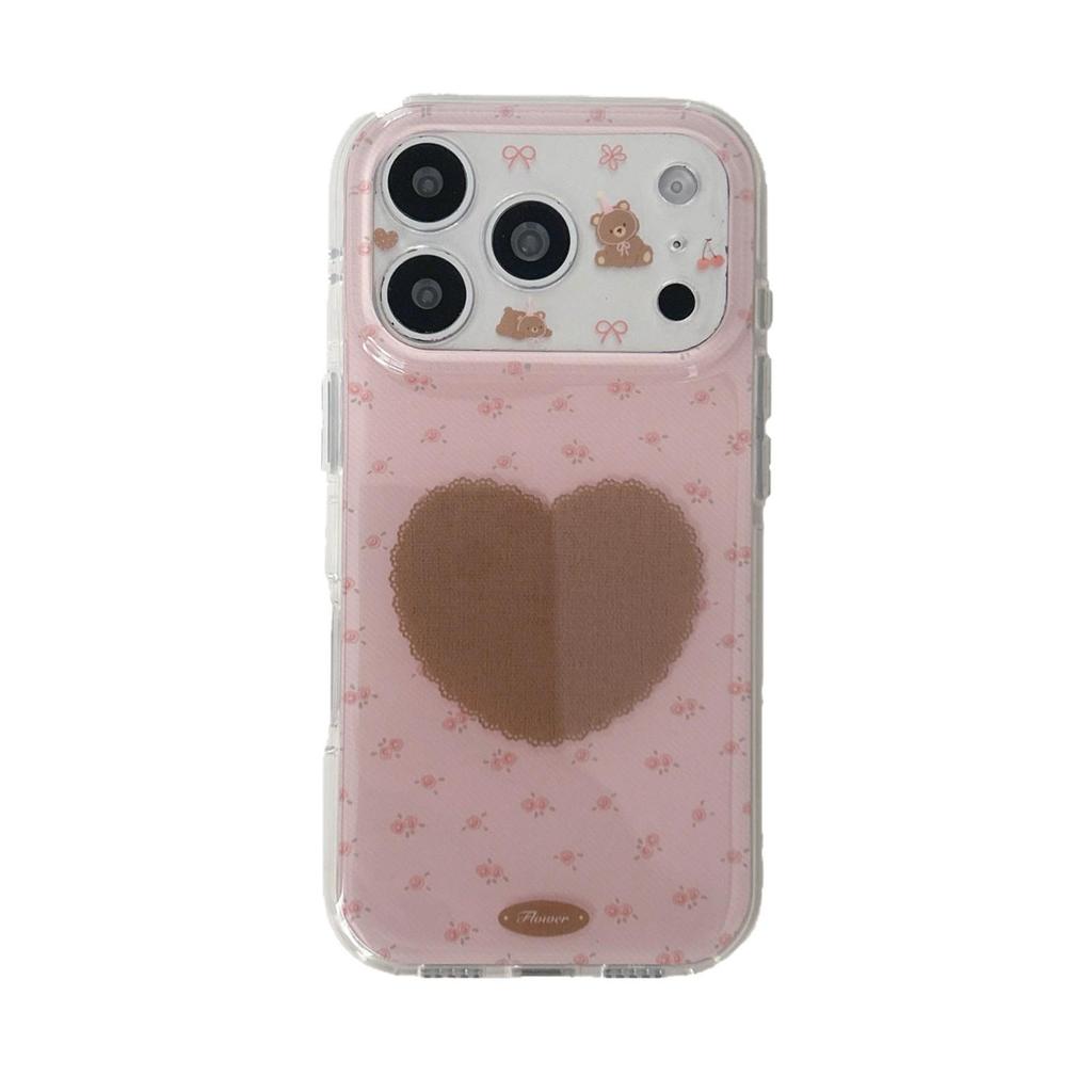 3D Bear & Floral Phone Case for iPhone 17/16 Pro Max/15/14 - Girlish Heart Design