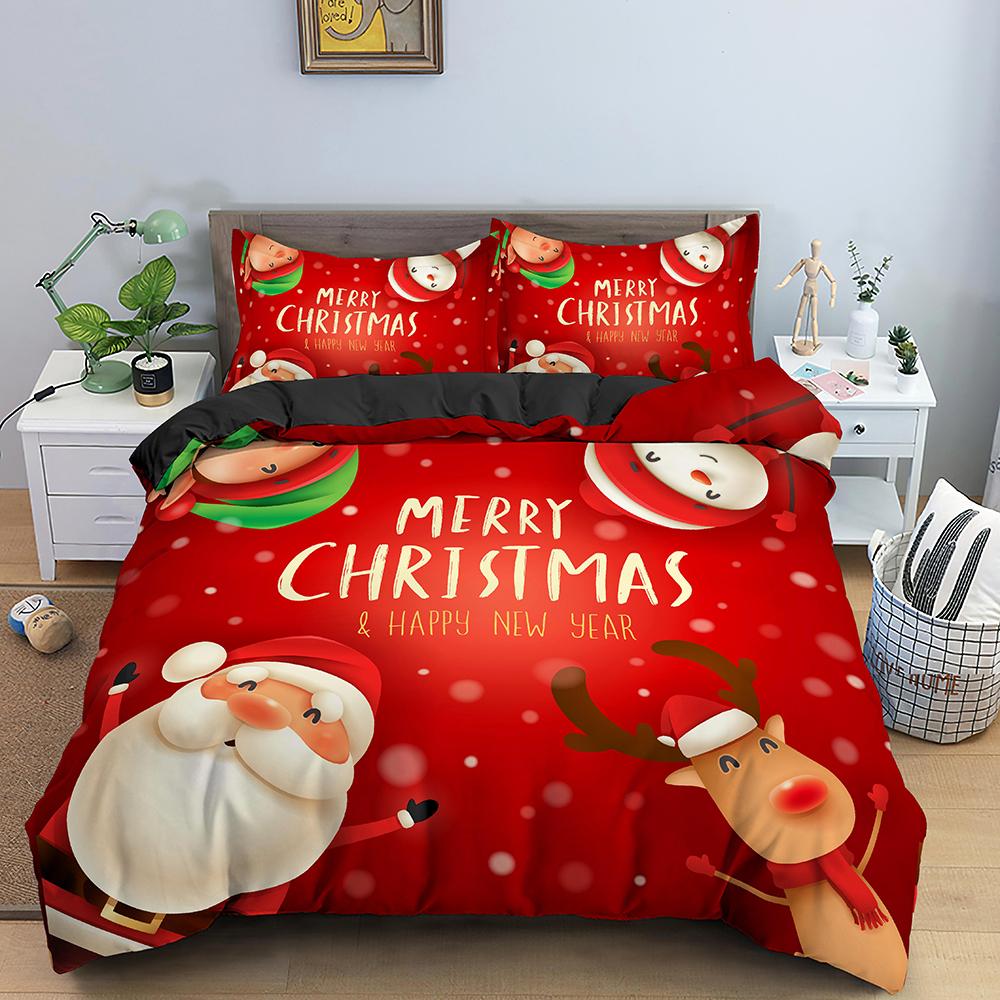 3D God Jul Kung Drottning Sängklädesset Barn Tecknad Jultomte Snögubbe Ren Täcköver XMAS Påslakan Polyester Quiltöverdrag