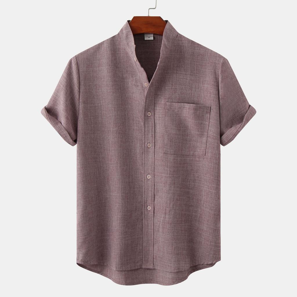 Summer New Stand-up Collar Simple Solid Color Button-down Short-sleeved Shirt Fashion Trend Shirt Men