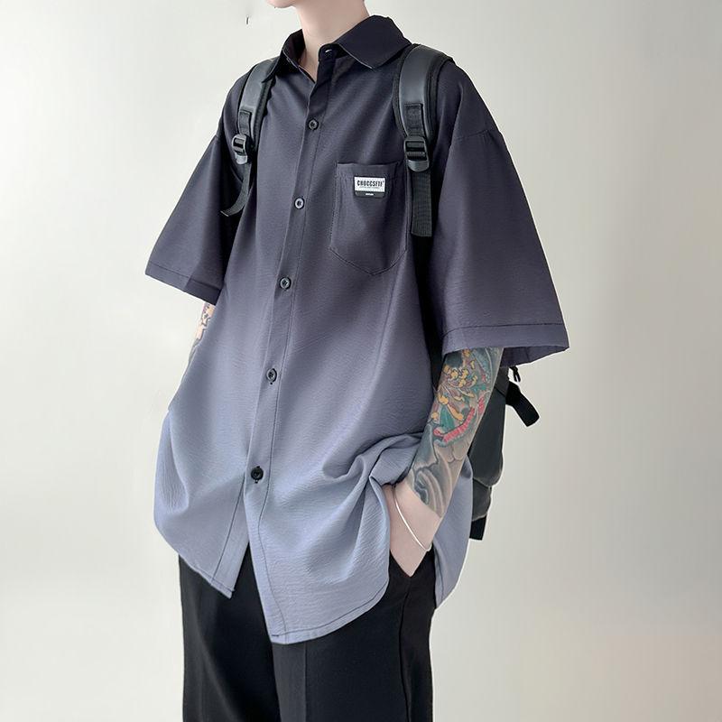 Summer Polo-neck Gradient Tie Dye Casual Shirt Men Half Sleeve Loose Fashion All-match Top Men Blouse