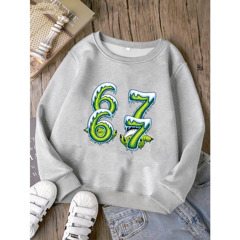 Winter Kids Sweatshirt Over 4Y Unisex Boys Girls Green Monster Icicle Number 67 Graphic Crewneck Soft Fleece Pullover For 4-12 Years Old Children