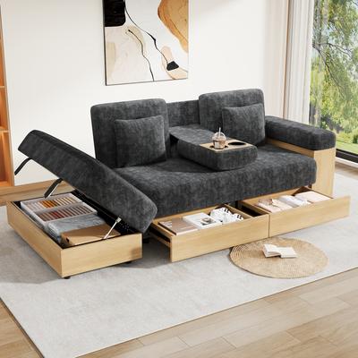 Modulsofa mit Stauraum, 3-fach verstellbare Rückenlehne, Bett mit Schubladen, Chenille-Stoff, MDF-Holzrahmen, Getränkehalter & Stauraum-Hocker, 217cm, grau