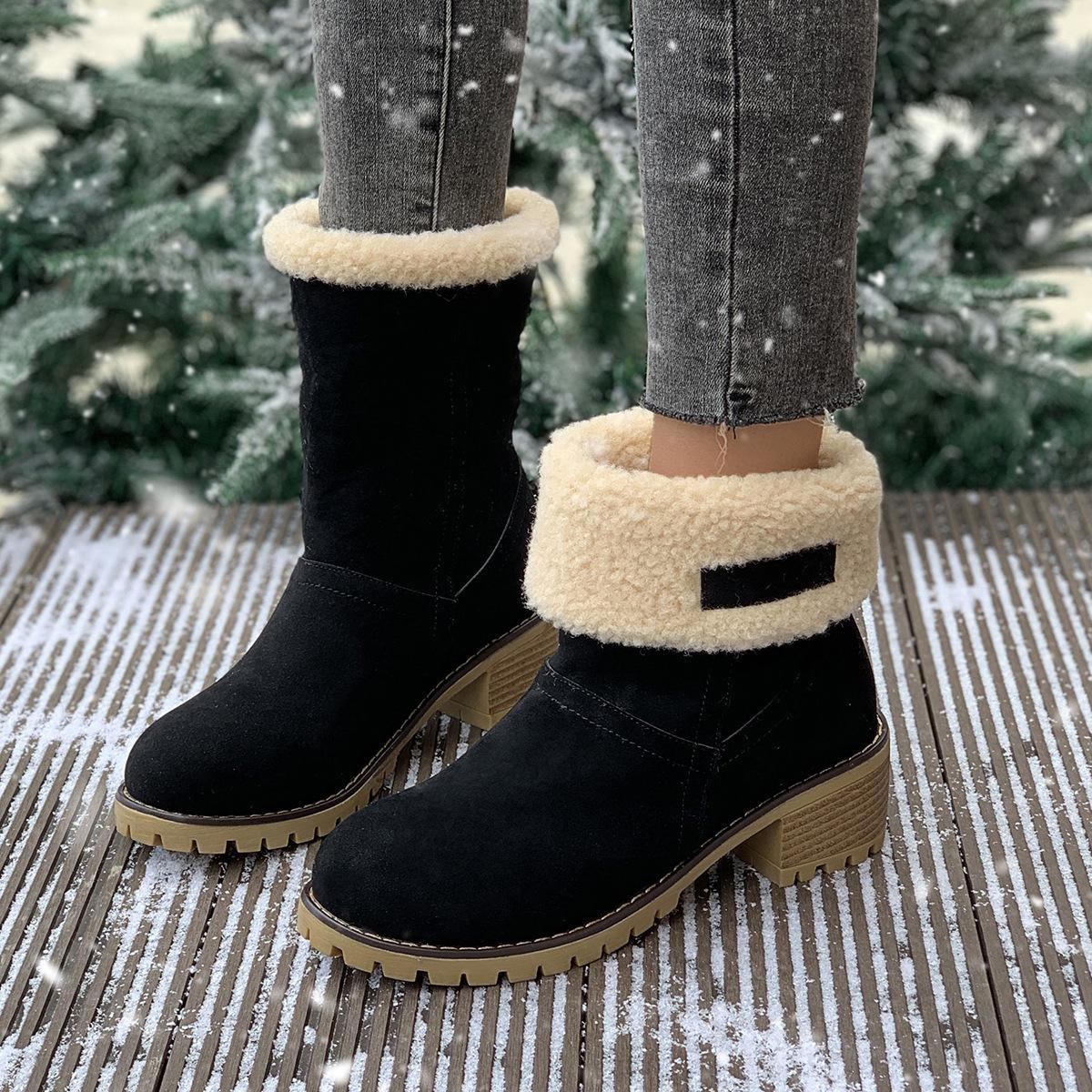 

Большие размеры 2024, зимние средние ботинки, две пары, замшевые, с круглым носком, на толстом каблуке, большие хлопковые зимние ботинки, женские ботинки Martin 43 чёрный