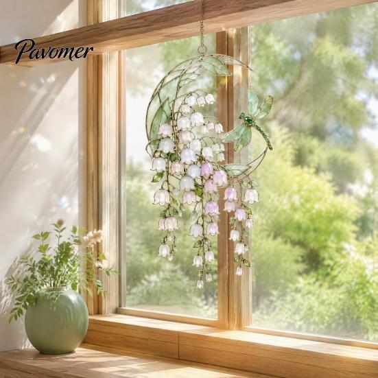 Clear Acrylic Floral Ornament Stained Glass Style Flower Suncatcher, Lily of The Valley Dragonfly Window Indoor Outdoor Decorative Piece Hanging
