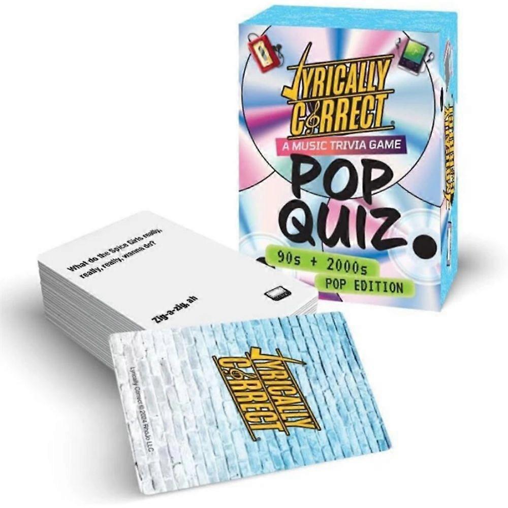 Juego de preguntas y respuestas sobre la música pop de los 90 y 2000 con letras correctas: juego de cartas para completar las letras, ideal para fiestas de adultos o reuniones familiares.