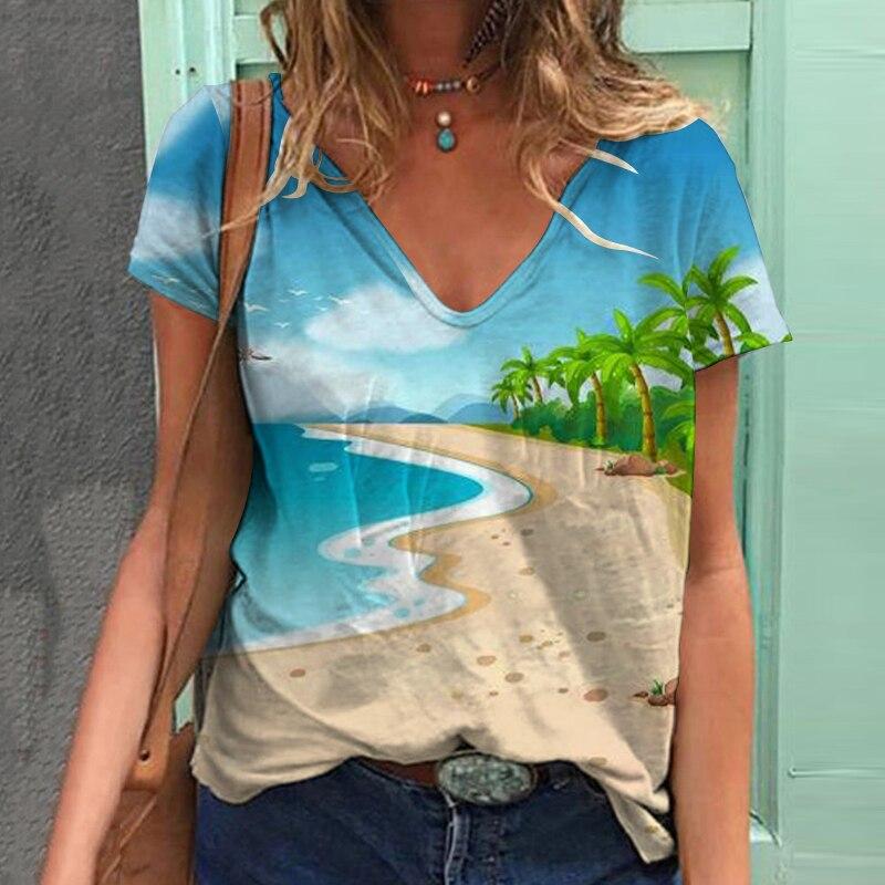 2023 Summer Beach Print Women T Shirt Tops Short Sleeve V-Neck Casual Tshirts Loose Streetwear Tees Women Clothing Blusas 25699