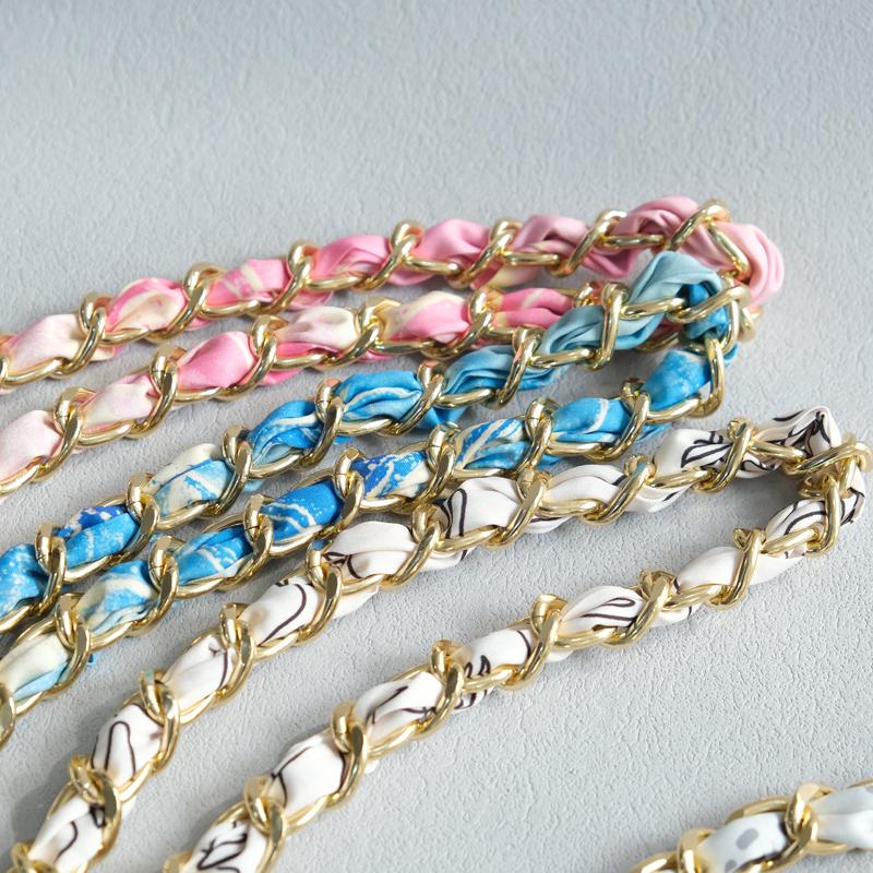 New Fashion Brand Woman Handbag Accessory Chains Detachable Floral Print Gold Silver Metal Silk Shoulder Strap Women DIY Chain Bag Handles