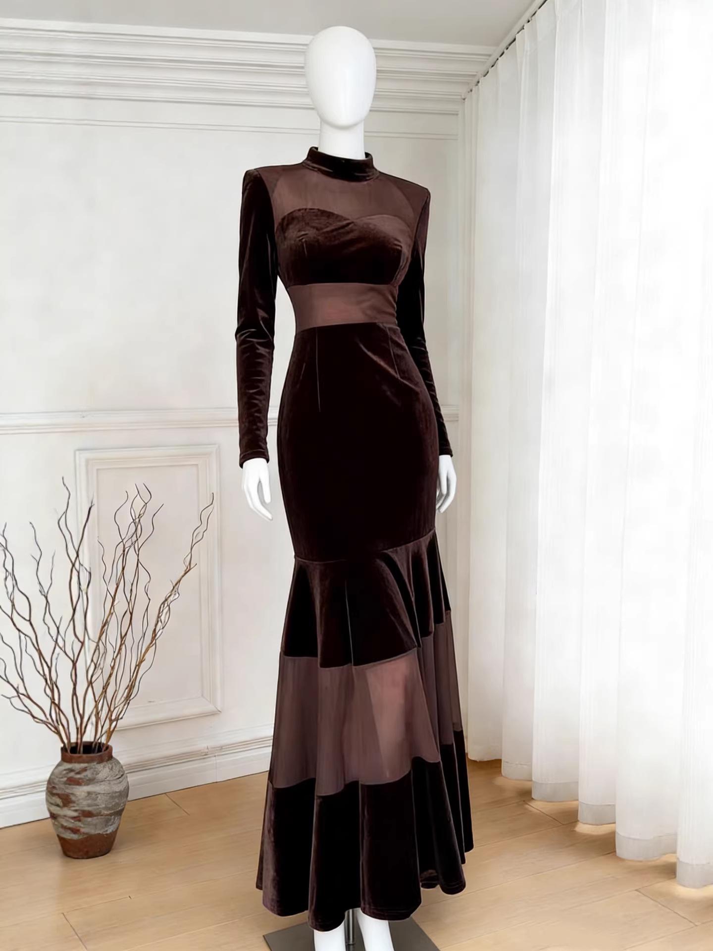 Elegant Mesh Waist-Cinching Fishtail Dress with Pleated Design Double Extra Large вино красного