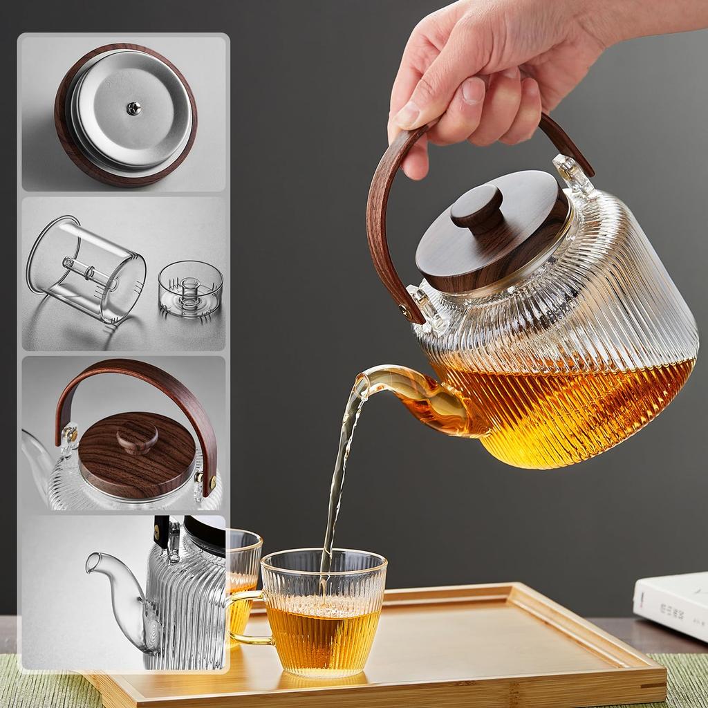 Pokaro Tea Teapot, Heat-Resistant Glass with Vertical Stripes, 1.1L Full Capacity, Includes Two Detachable Tea Strainers, Suitable for Steaming and