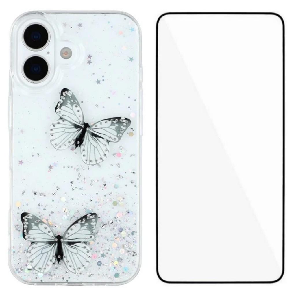 For iPhone 17 TPU Case WANLONFENG AW Series PVC Butterfly Epoxy Phone Cover with HD Film