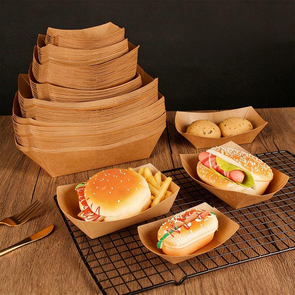 50Pcs Sturdy Durable Kraft Paper Food Containers Boat Shape Snack Bowl Food Tray Box  Picnic Camping