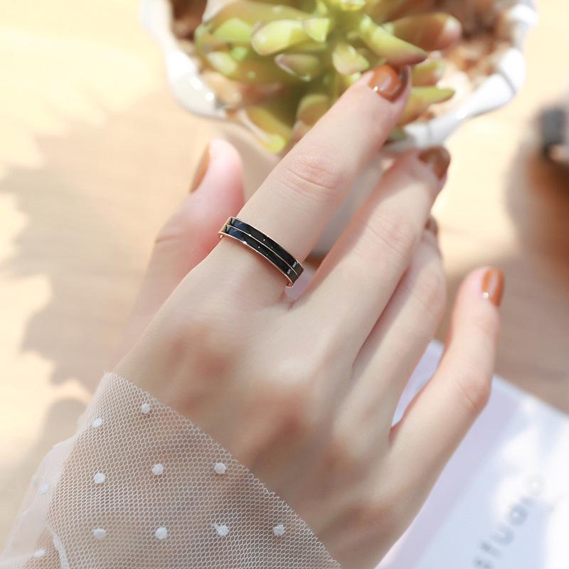 Korean-Style Double Layer Black & White Resin Titanium Steel Ring (Gold-Plated) Size 8