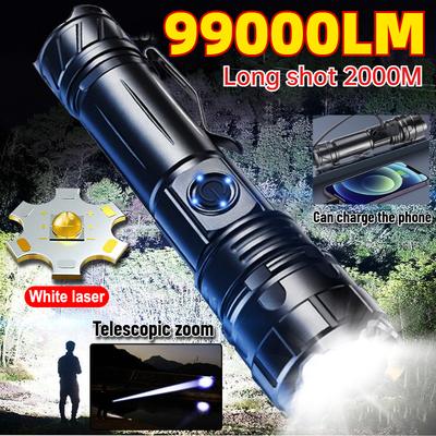 20W High Power White Laser LED Flashlight Type-C Rechargeable with Battery Torch Zoomable Suitable for Outdoor Camping Lantern