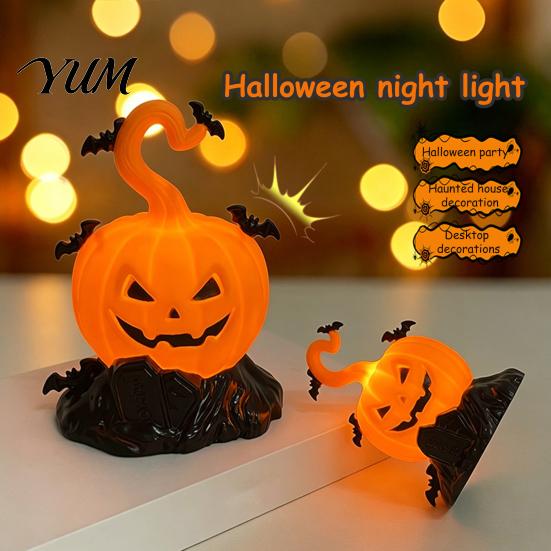 Mysterious Theme Party Supplies 2Pcs Halloween Pumpkin Night Light, Flameless LED Candle Lamp with Bat Battery Operated Lights Decor, Plastic Tabletop