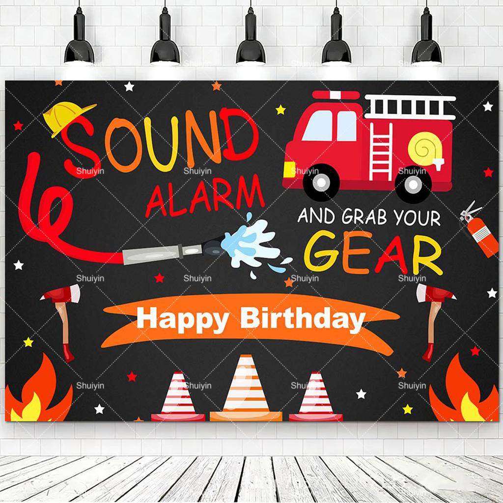 Cartoon Firefighter Firetruck Theme Backdrop Red Flame Fireman Boy Birthday Decorations Party Supplies Photography Background