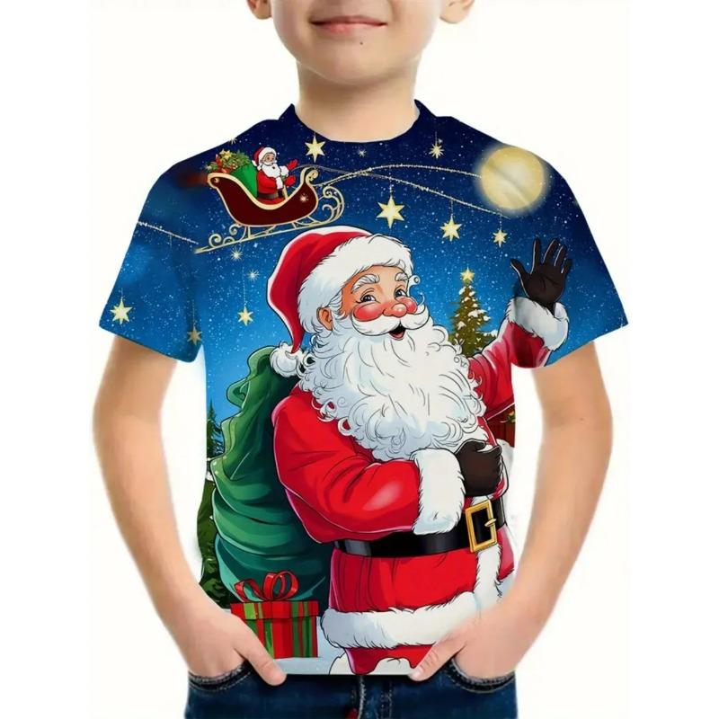 Summer Round Neck 3D Cute Cartoon Christmas Printed T-shirts Fashionable Casual Short Sleeved Children's Boy and Girl Kids Unisex T-shirts