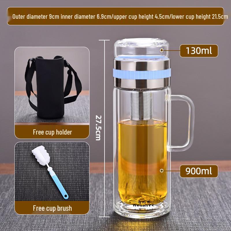 High Temperature Resistant Large Capacity Glass Tea Cup with Infuser, Double-Walled, Heat Insulated, and Portable Borosilicate Glass.