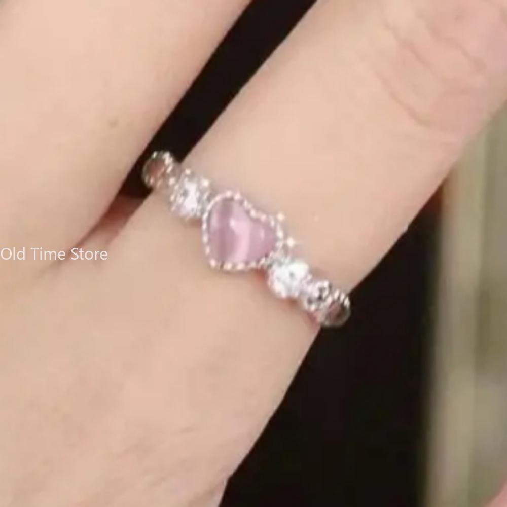 Trend Pink Love Heart Crystal Rings for Women Love Zircon Open Ring Irregular Aesthetic Girl Rings Jewelry