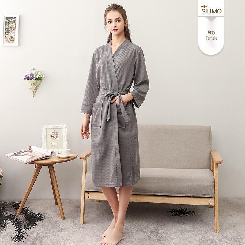 

Летний легкий вафельный халат на конец года - Унисекс с V-образным вырезом и рукавом 3/4, абсорбирующая одежда для сна для весны и осени M