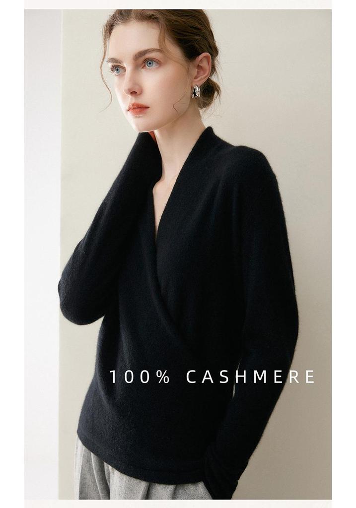 2026 A/W Women’s Slim-Fit V-Neck Cashmere Cross-Neck Kimono Pullover