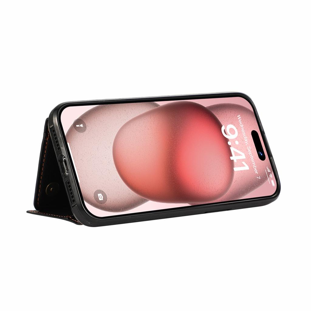 For iPhone 15 Pro Max Leather Back Cover Zipper Wallet Kickstand Phone Case with Shoulder Strap